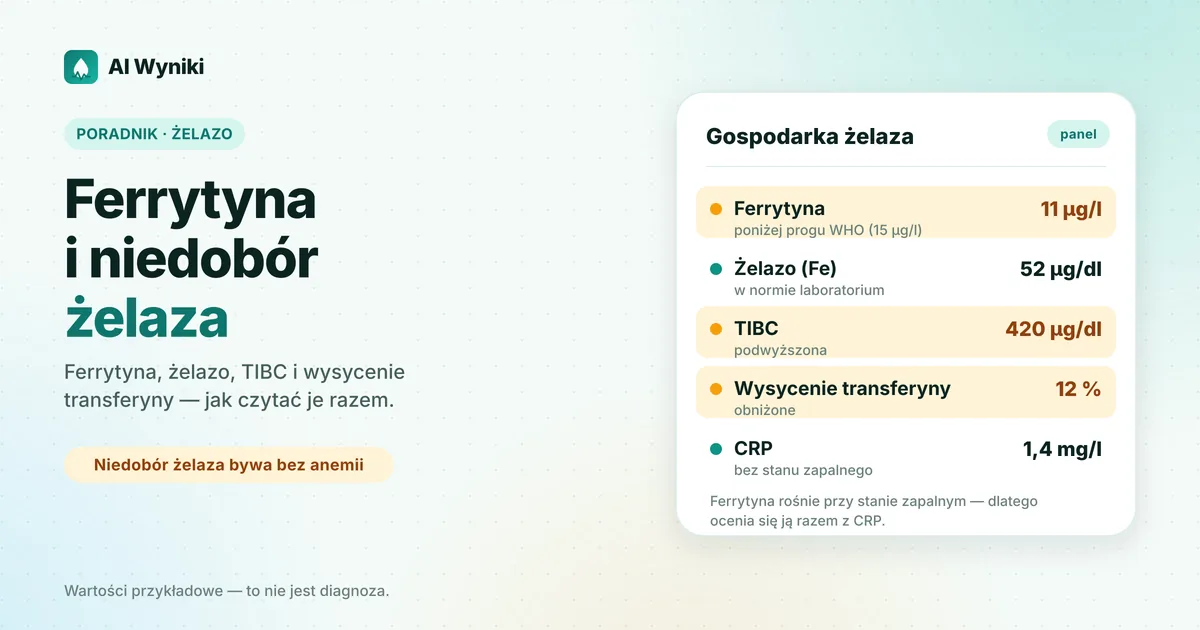 Wyniki gospodarki żelaza: ferrytyna, żelazo w surowicy, TIBC i wysycenie transferyny na karcie laboratoryjnej
